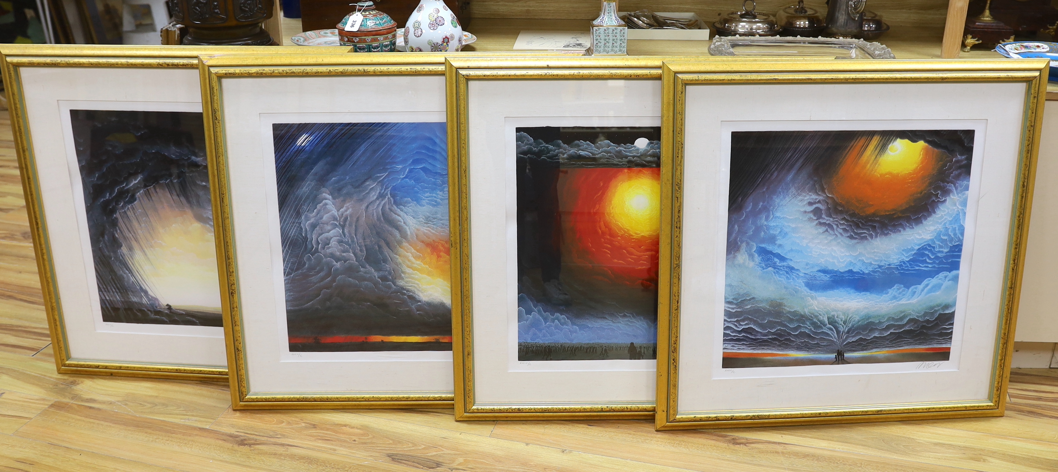 Mackenzie Thorpe (b.1956), a set of four serigraphs, Love, Life, Death and Hope, limited edition 34/100, each signed and numbered in pencil, 63 x 63cm. Condition - fair to good, some rippling to the paper within the fram